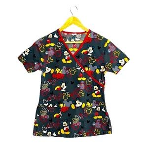 DISNEY | Womens Grey Red Mickey Mouse Scrub Top for Doctors Nurses Health Prof​​